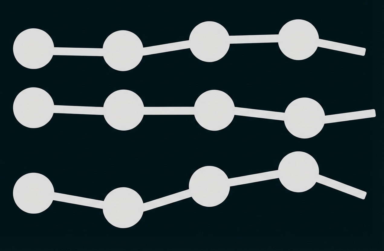 Drei parallele Reihen von Kugeln, durch Stäbe verbunden
